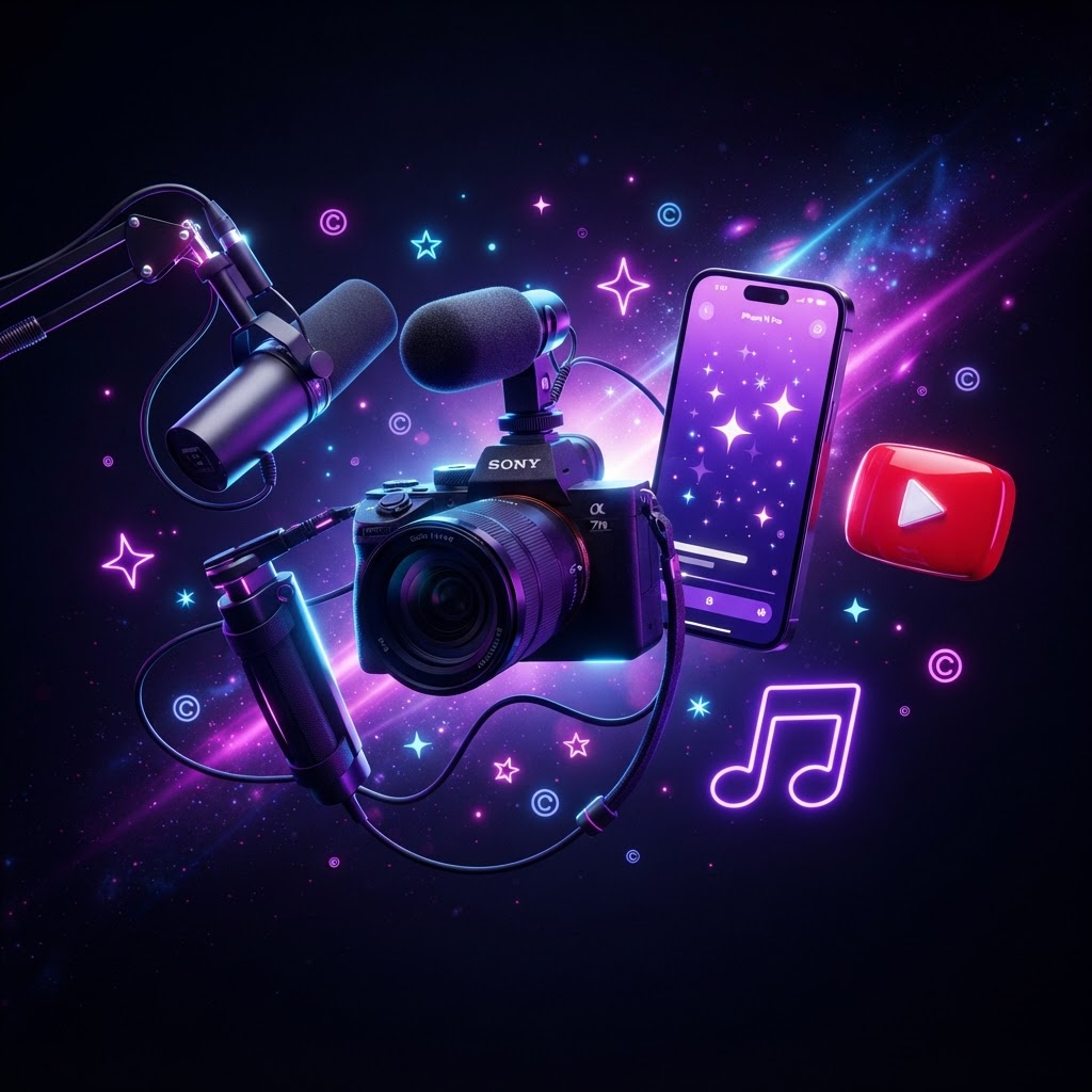 A collage of creator gear: camera, microphone, smartphone and a play button surrounded by neon lights